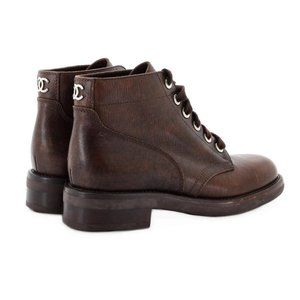 CHANEL Brown Leather Lace Up Ankle Boots Size 37
